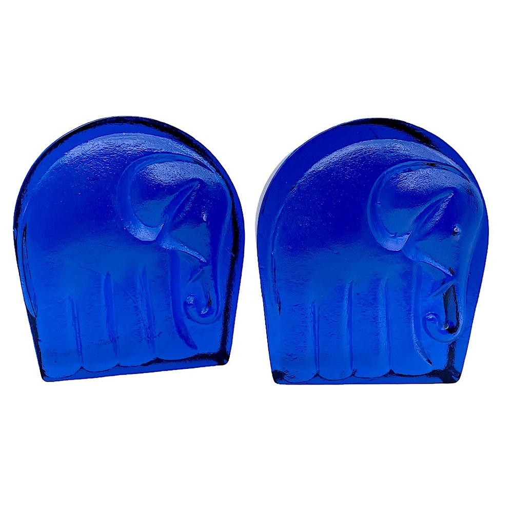 Pair of vintage Blenko cobalt blue glass elephant bookends